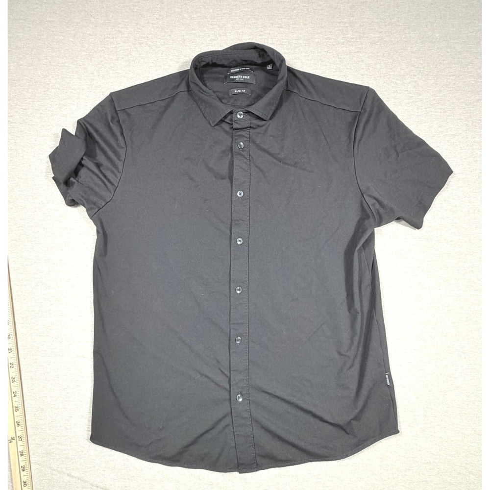 Kenneth Cole New York Mens Black Short Sleeve Slim Fit Button Down Shirt Large